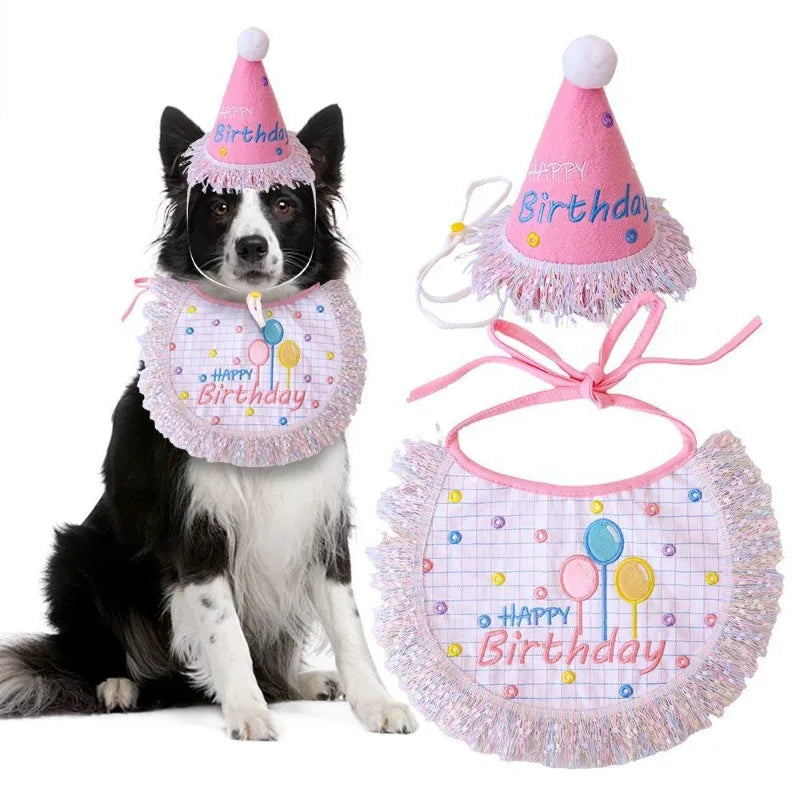 Puppy Birthday Hat Bandana Set With Felt Cone Top Tassels