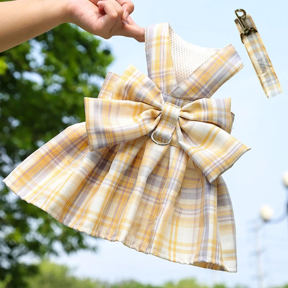 Dog Plaid JK Dress Harness Skirt With Leash Traction Washable