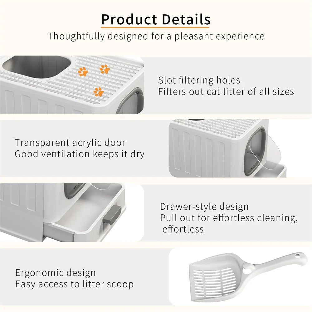 Enclosed Cat Litter Box With Scoop Drawer And Skylight Design