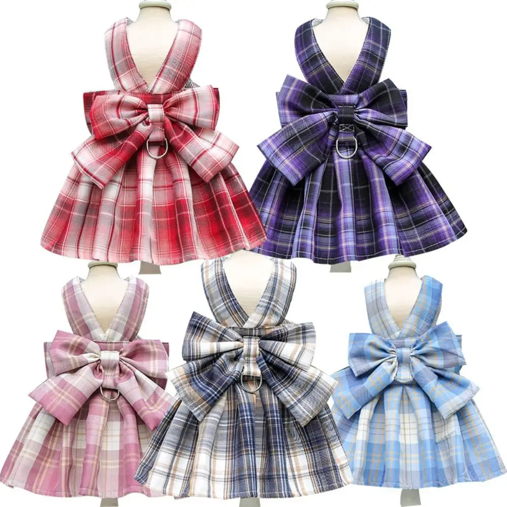 Dog Plaid JK Dress Harness Skirt With Leash Traction Washable