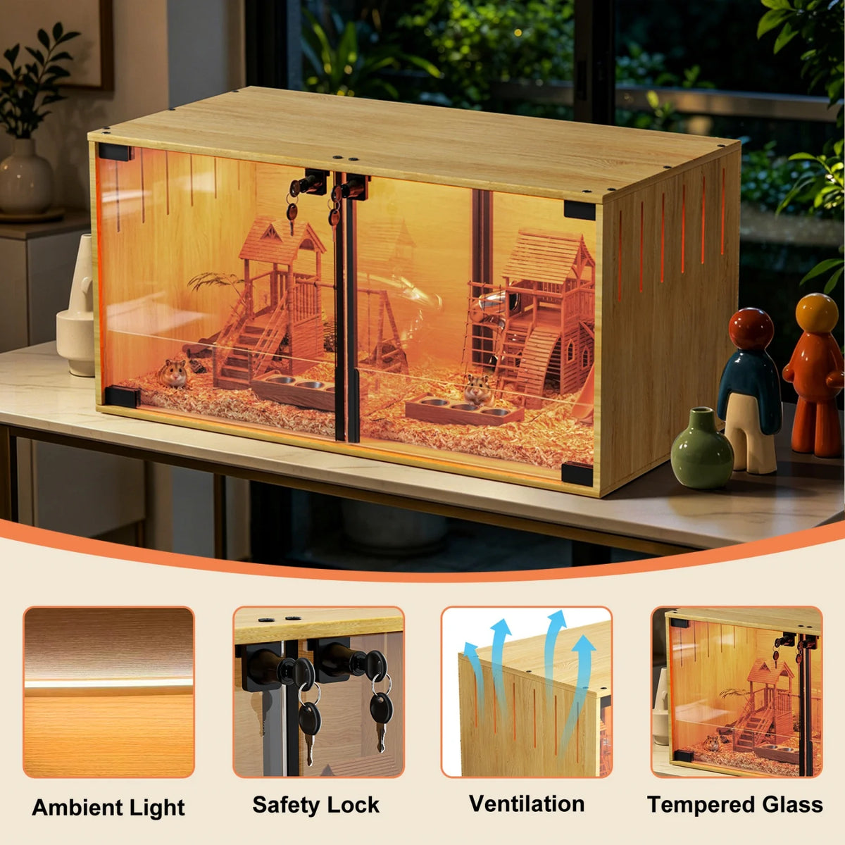 Wooden Hamster Cage Habitat With Removable Divider And Glass Panels