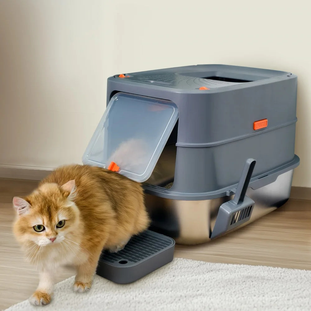 Stainless Steel Enclosed Cat Litter Box With Removable Lid And Scoop