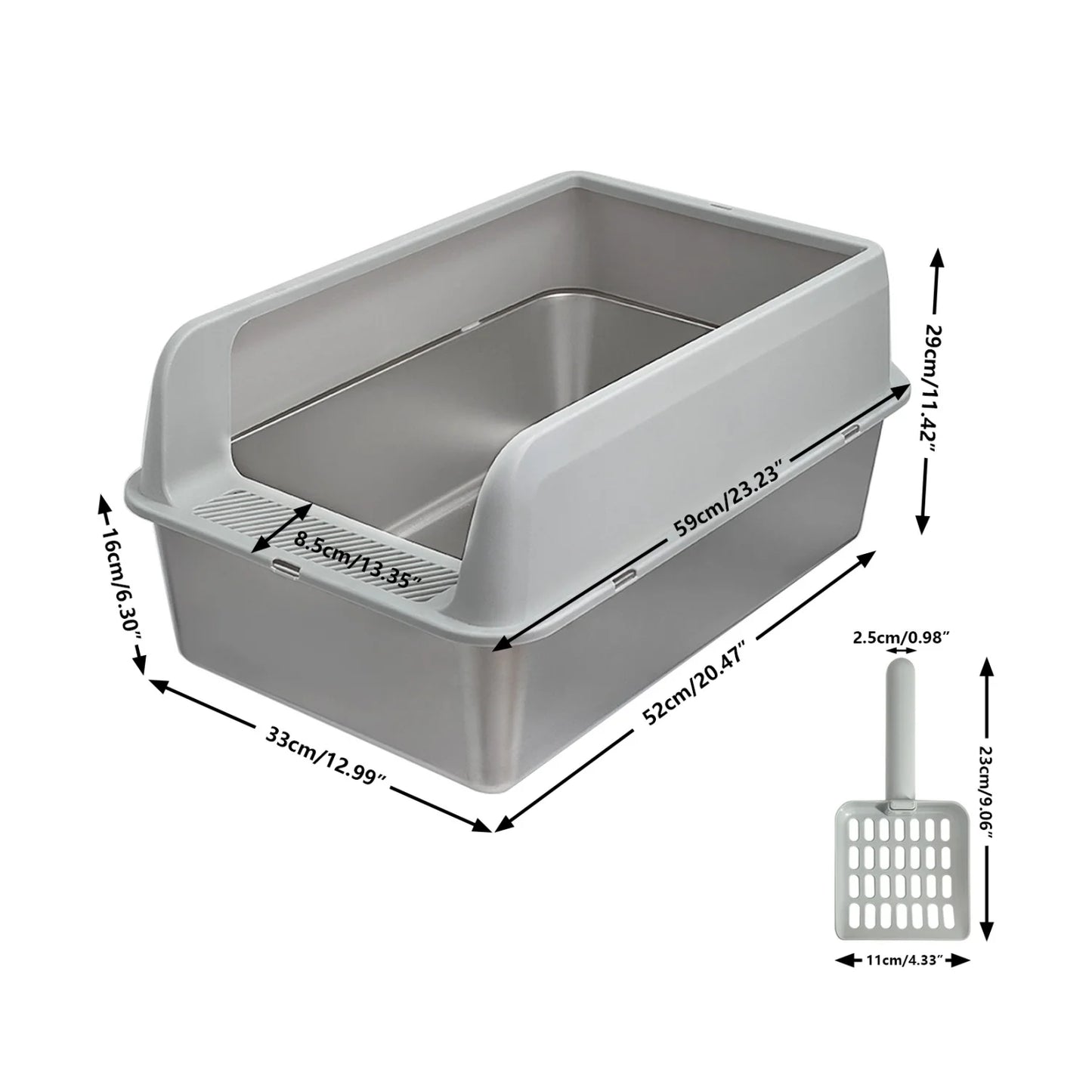 Stainless Steel Large High-Sided Cat Litter Box With Spoon