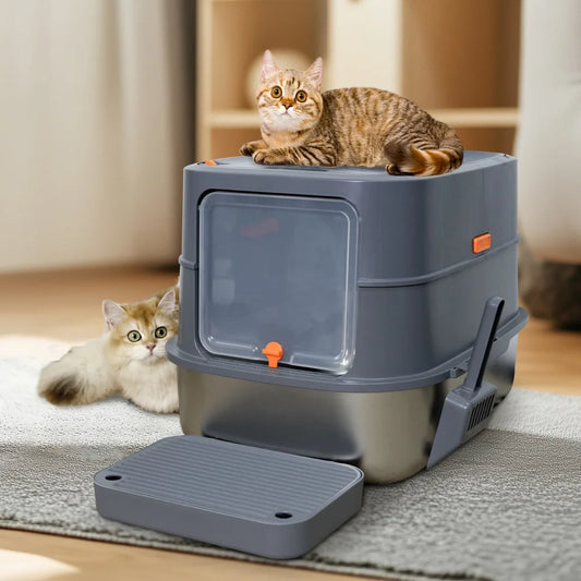 Stainless Steel Enclosed Cat Litter Box With Removable Lid And Scoop