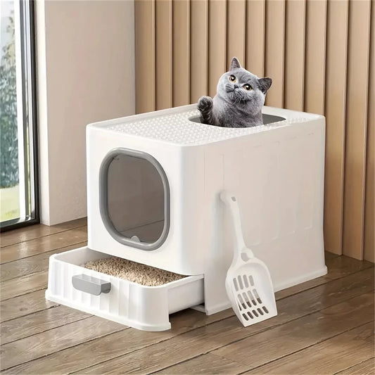 Leak Proof Enclosed Cat Litter Box With Drawer And Scoop