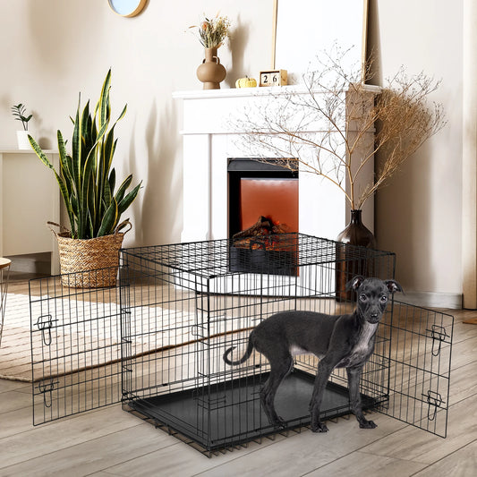 JHK Double Door Folding Metal Wire Dog Kennel With Tray