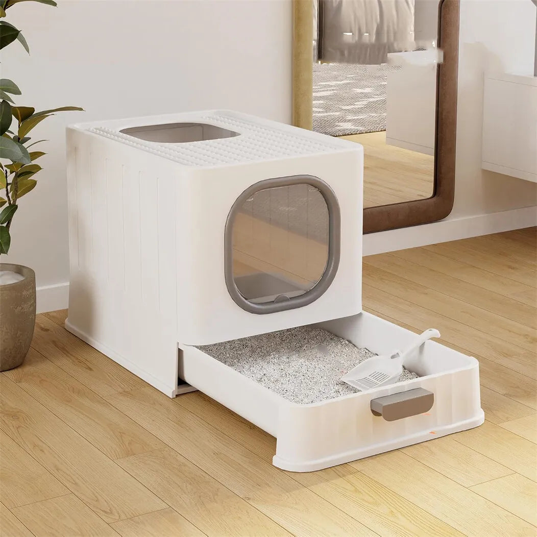 Enclosed Cat Litter Box With Scoop Drawer And Skylight Design