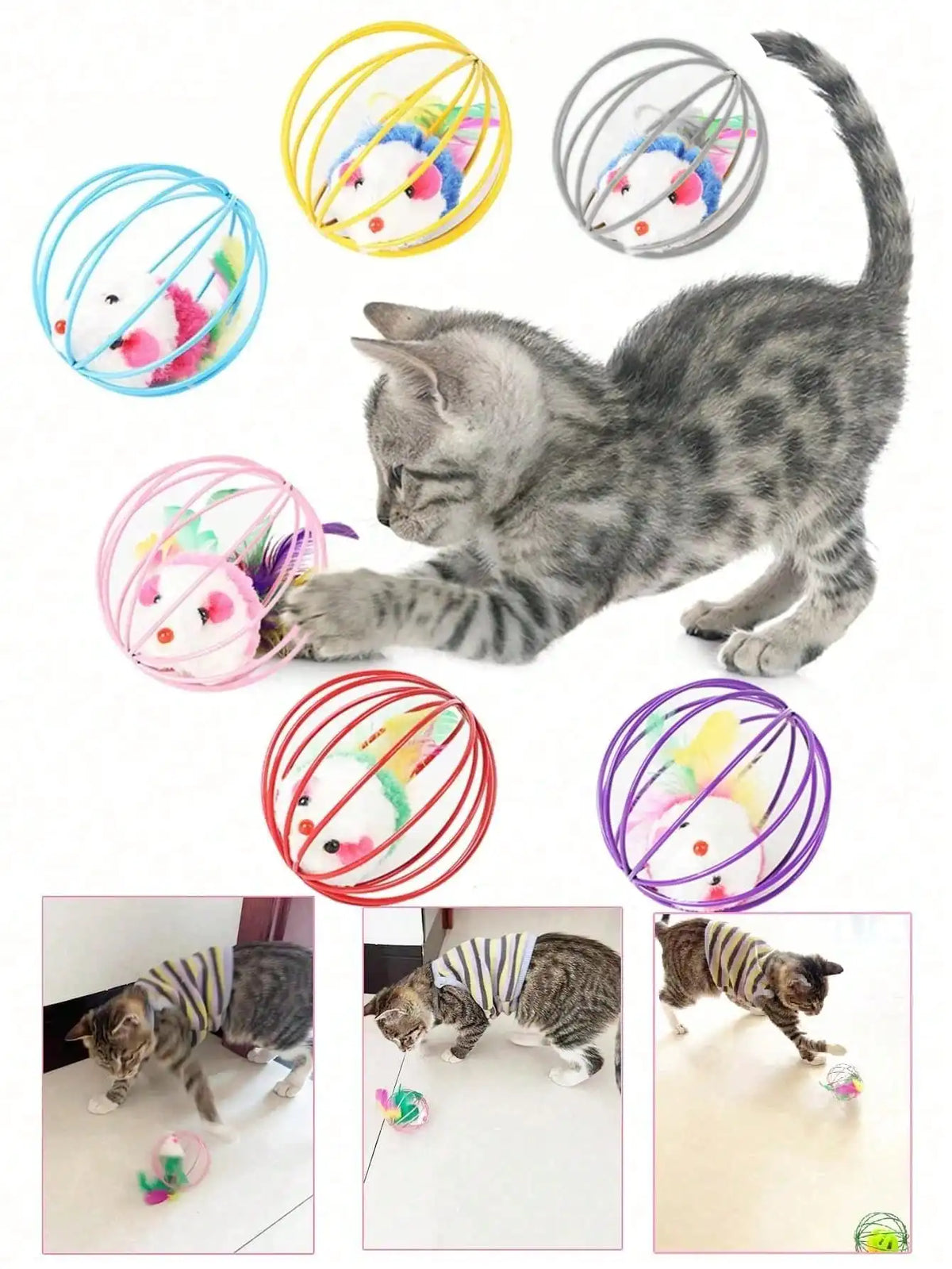 Interactive Indoor Cat Toy Set With Fleece Caged Mouse Balls