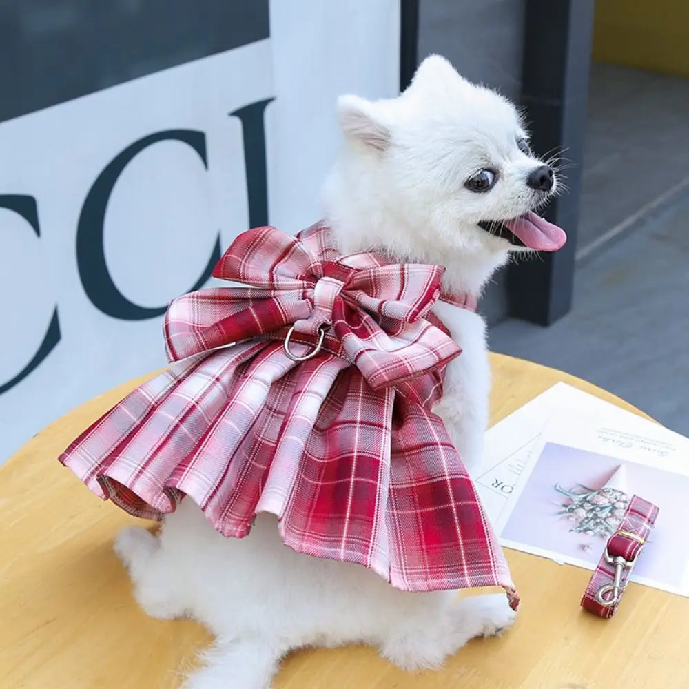 Dog Plaid JK Dress Harness Skirt With Leash Traction Washable