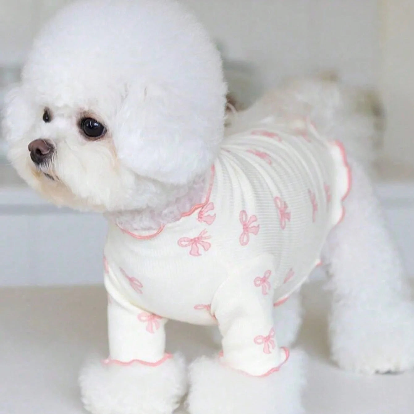Breathable Knit Pet Sweater With Allover Print And Pink Bow Tie