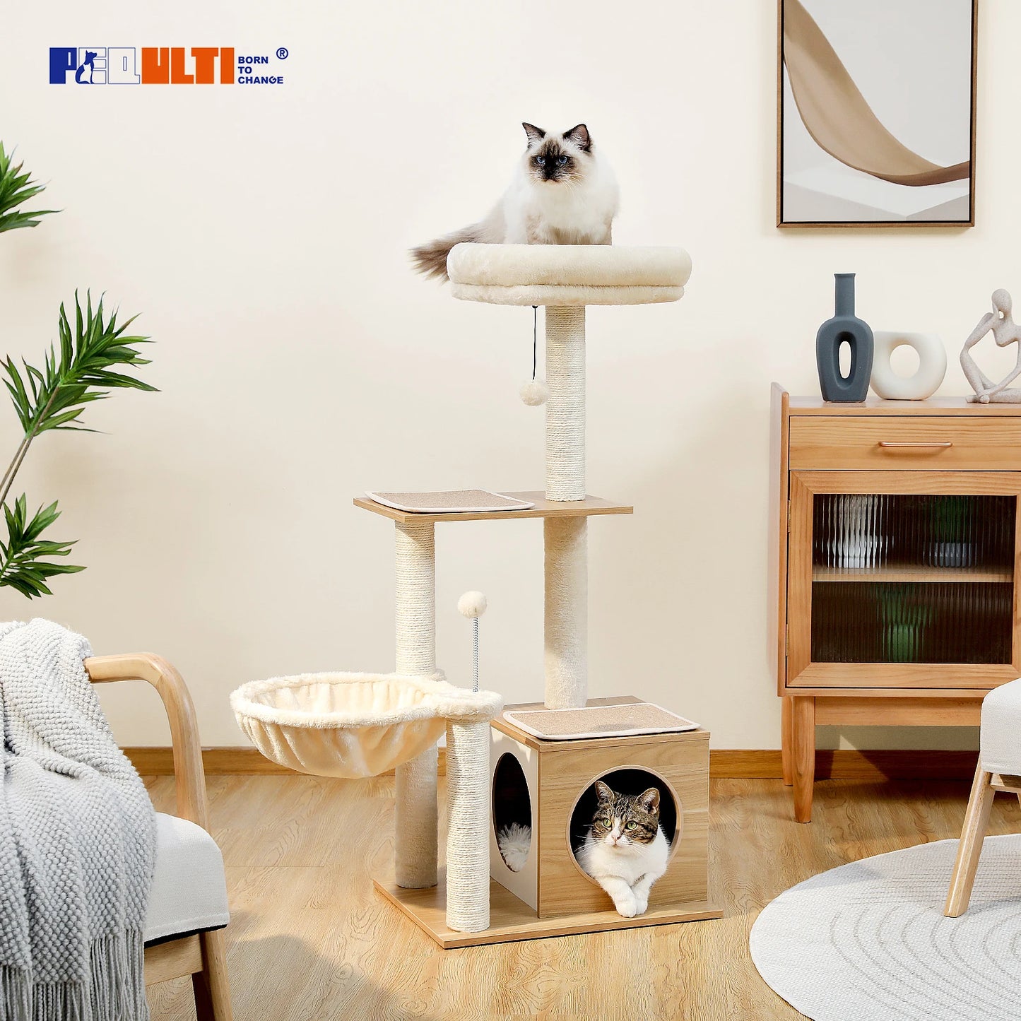 PAWZ Road Modern 3-Tier Wood Cat Tree With Cozy Condo