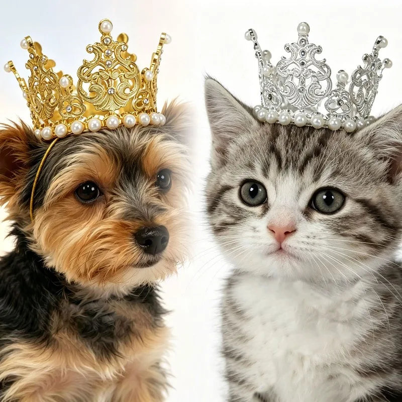 Dog Cat Crown Headband Adjustable Strap Gold Plated Pet Hat