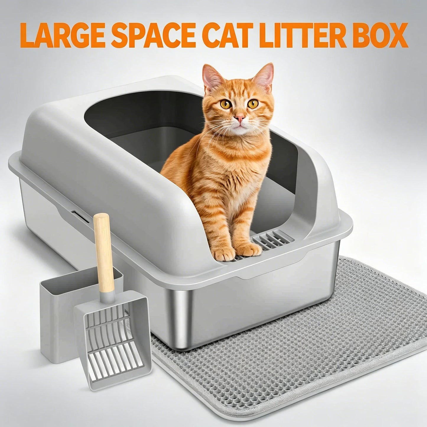Qiilu Stainless Steel Cat Litter Box With Lid Scoop And Mat