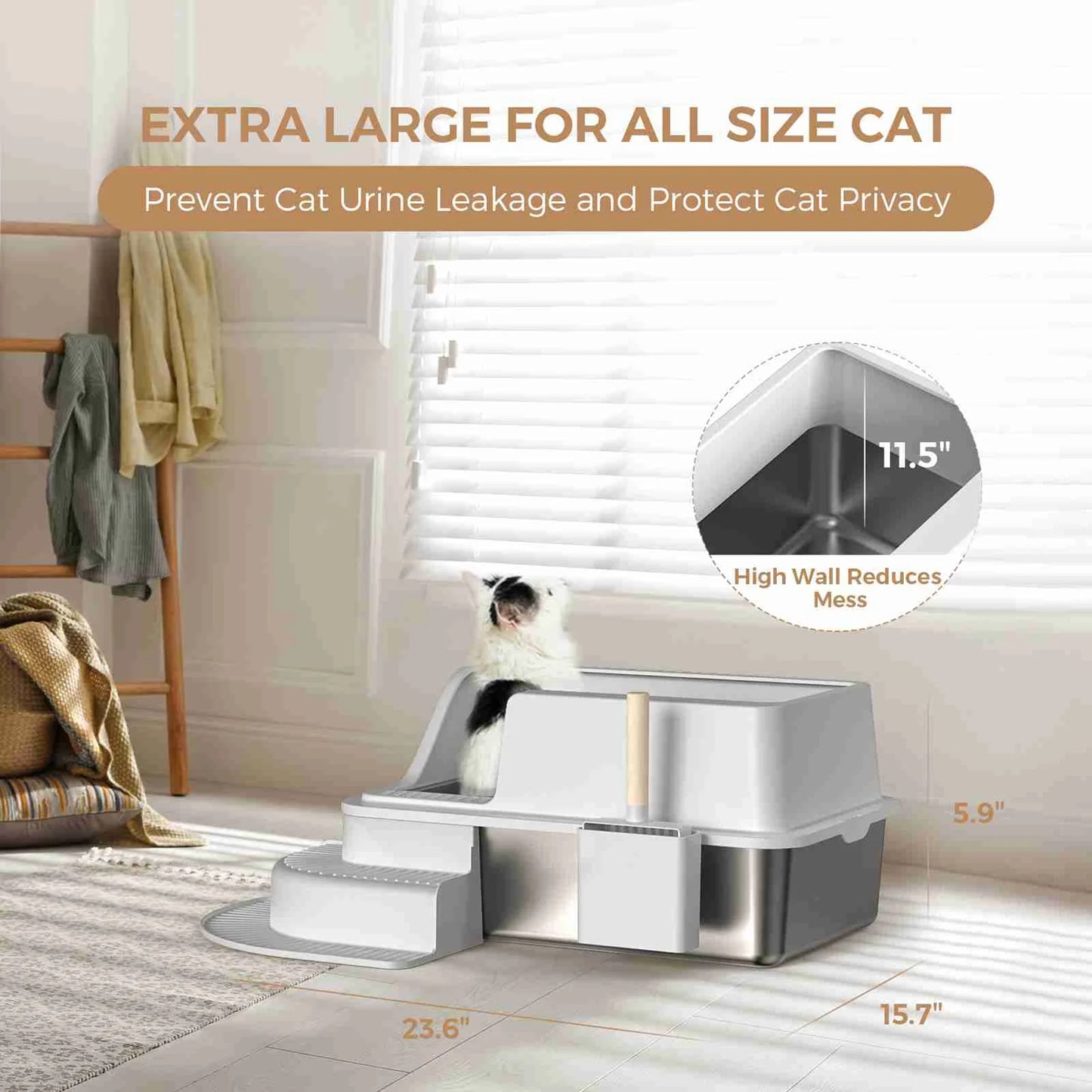 HURRISE Cat Litter Box Stainless Steel Tray With Plastic Cover