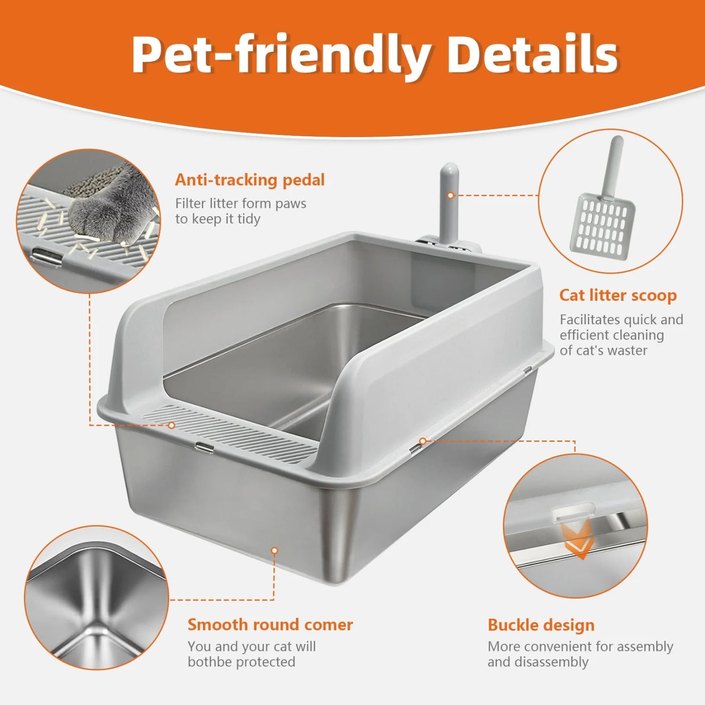 Stainless Steel Large High-Sided Cat Litter Box With Spoon
