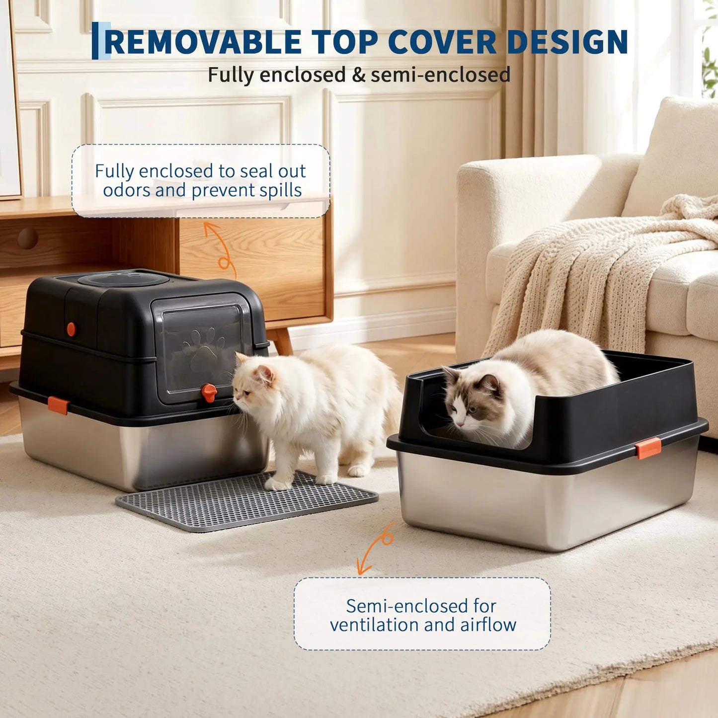 Studyset Enclosed Stainless Steel Litter Box For Multi Cat Home