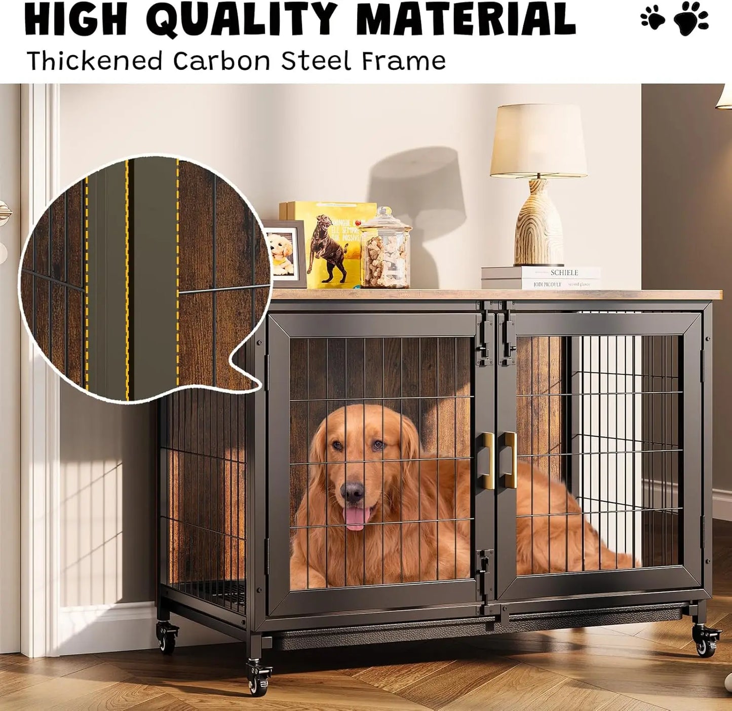 HiMISS Wooden Dog Crate With Heavy Duty Steel Frame Wheels