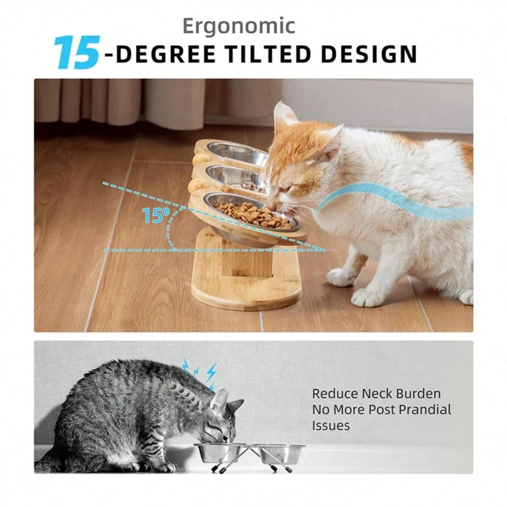 Raised Cat Feeder With Tilted Silicone Mat And 3 Stainless Bowls