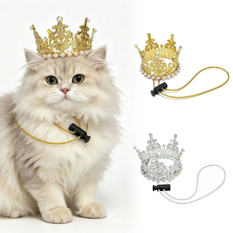 Dog Cat Crown Headband Adjustable Strap Gold Plated Pet Hat