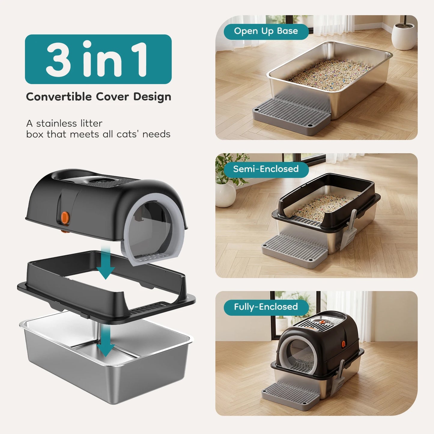 JHK Stainless Steel Enclosed Cat Litter Box for Big Cats