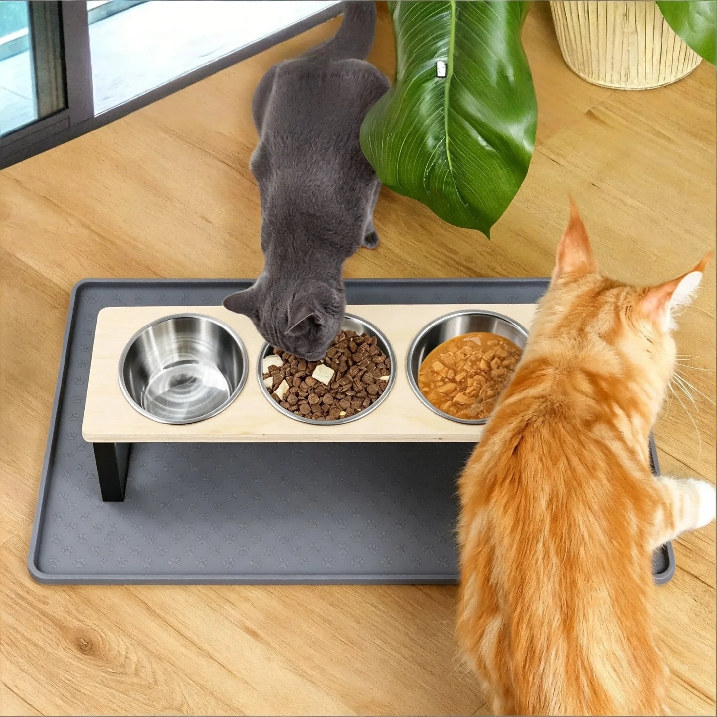 Elevated Cat Feeder With Tilted Stainless Bowls On Bamboo Iron Stand