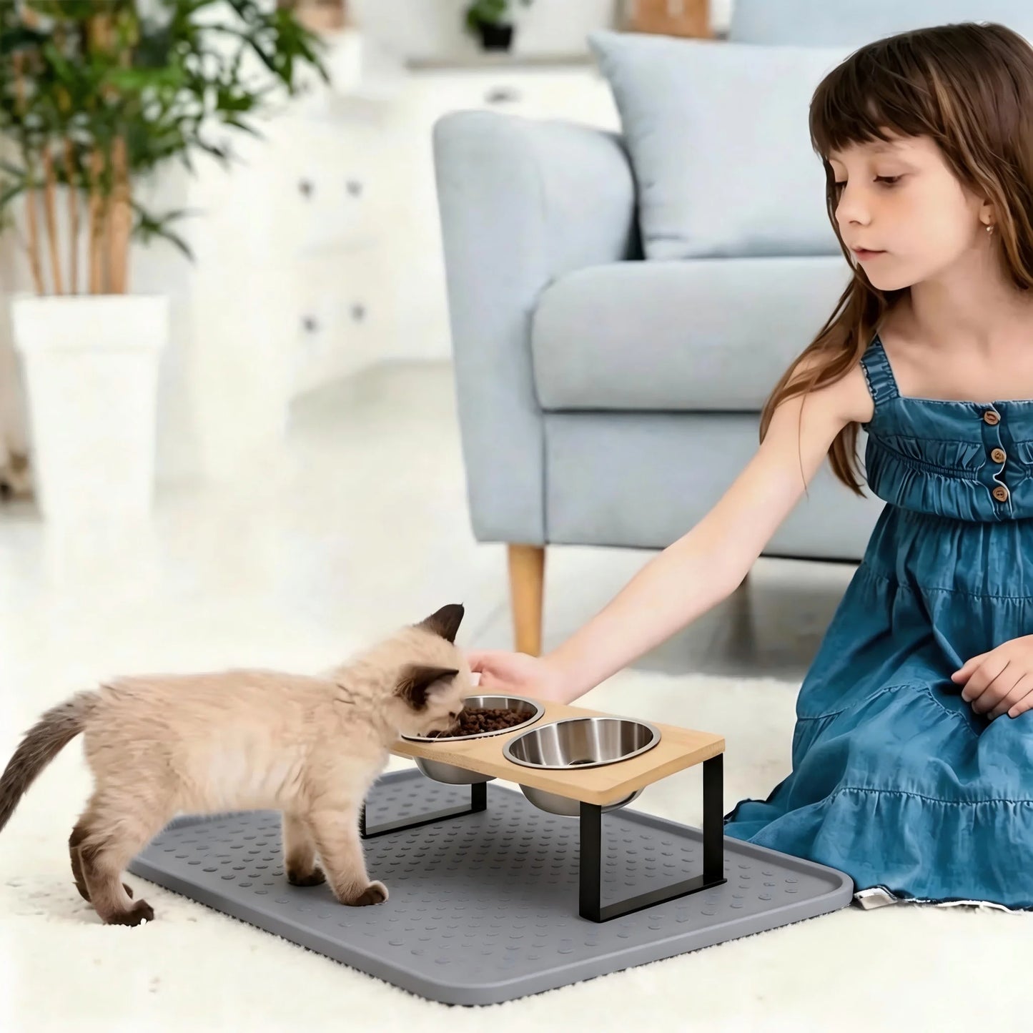Raised Tilted Cat Bowls With Wooden Stand And Two Stainless Steel Bowls