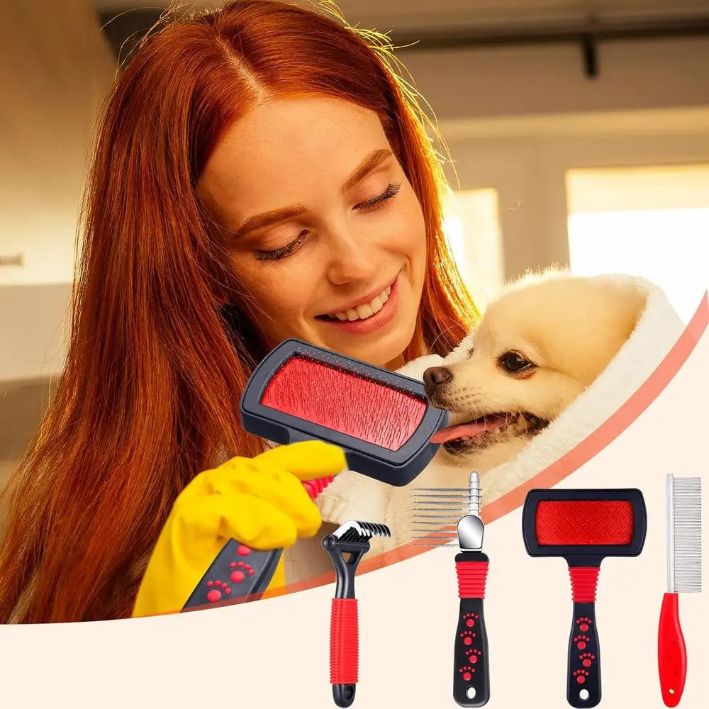Pet Grooming Kit With Dematting Combs And Slicker Brush