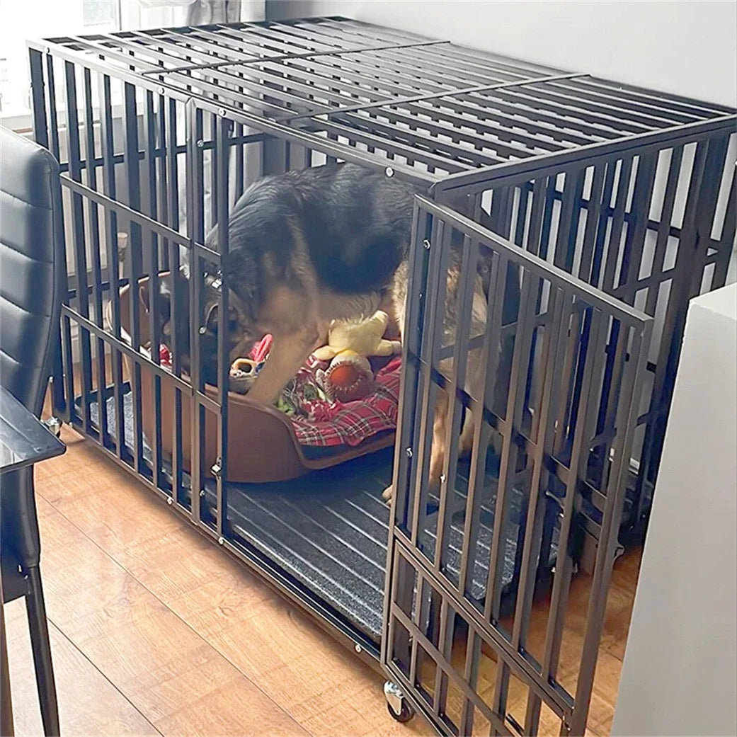 BINGOPAW Heavy-Duty 3-Door Metal Dog Crate With Wheels