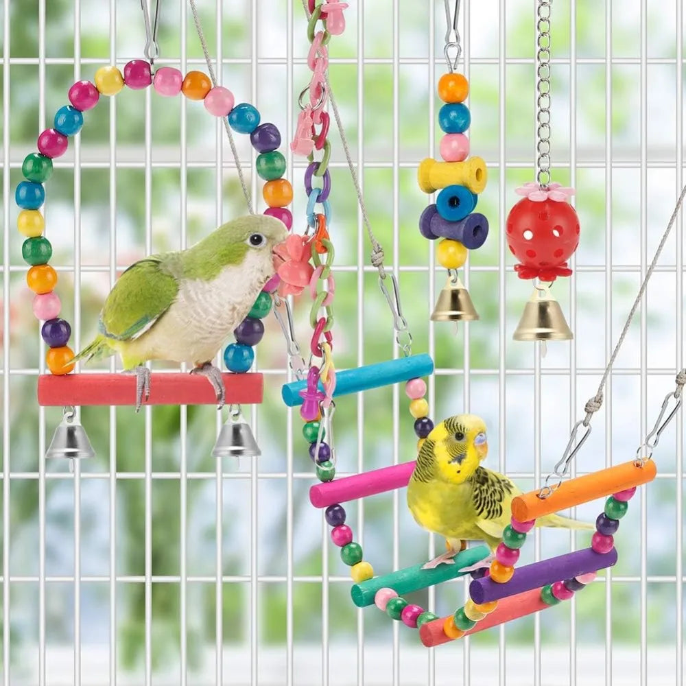 Parakeet Bird Toys 11 Pcs Wood Perch Swings For Birds