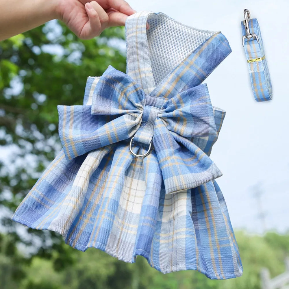 Dog Plaid JK Dress Harness Skirt With Leash Traction Washable