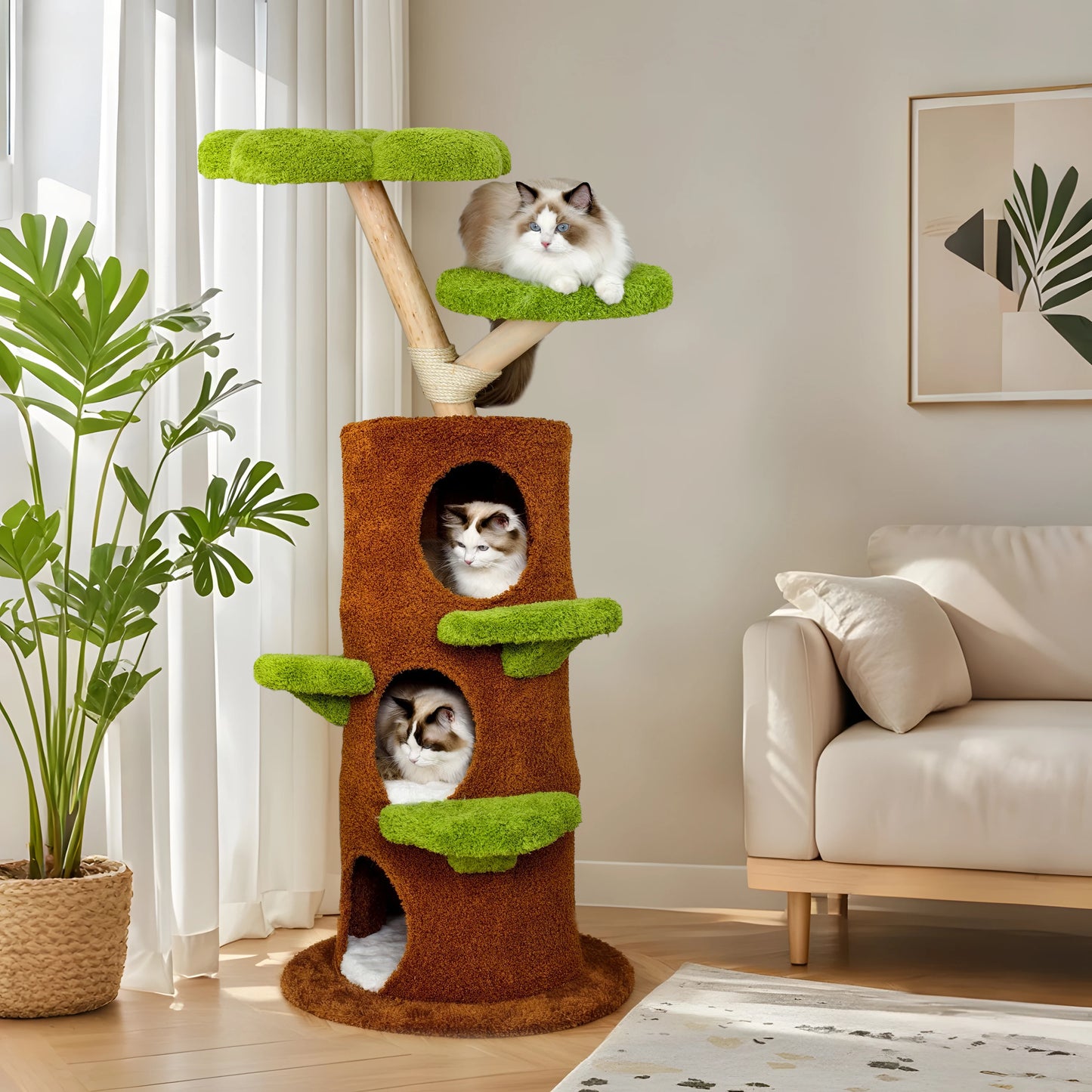 BORWART Luxury Wood Cat Tree Tower With Condo Bed And Scratching Post