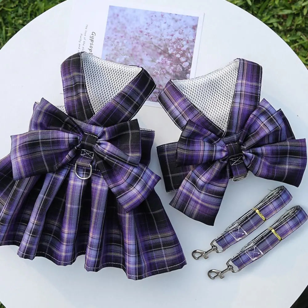 Dog Plaid JK Dress Harness Skirt With Leash Traction Washable