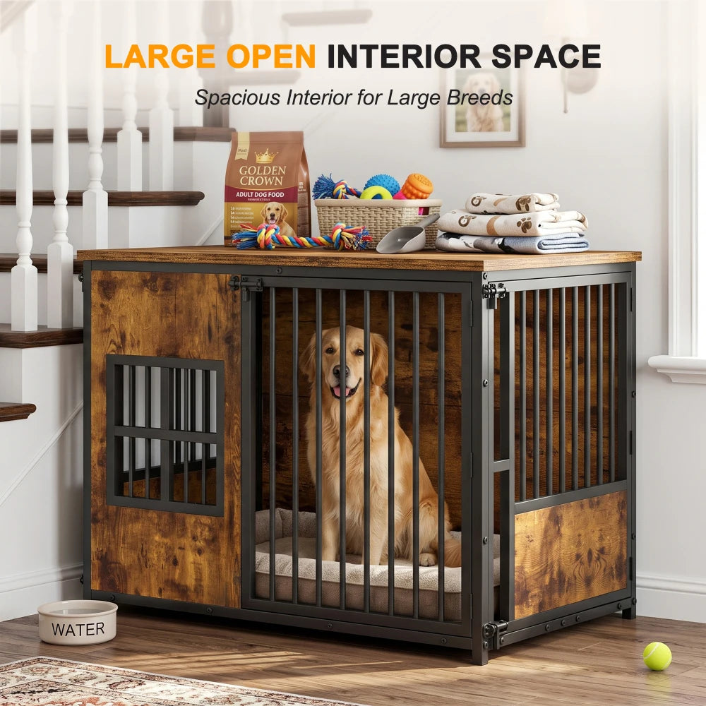 Indoor Wooden Metal Dog Crate Furniture With Storage Top