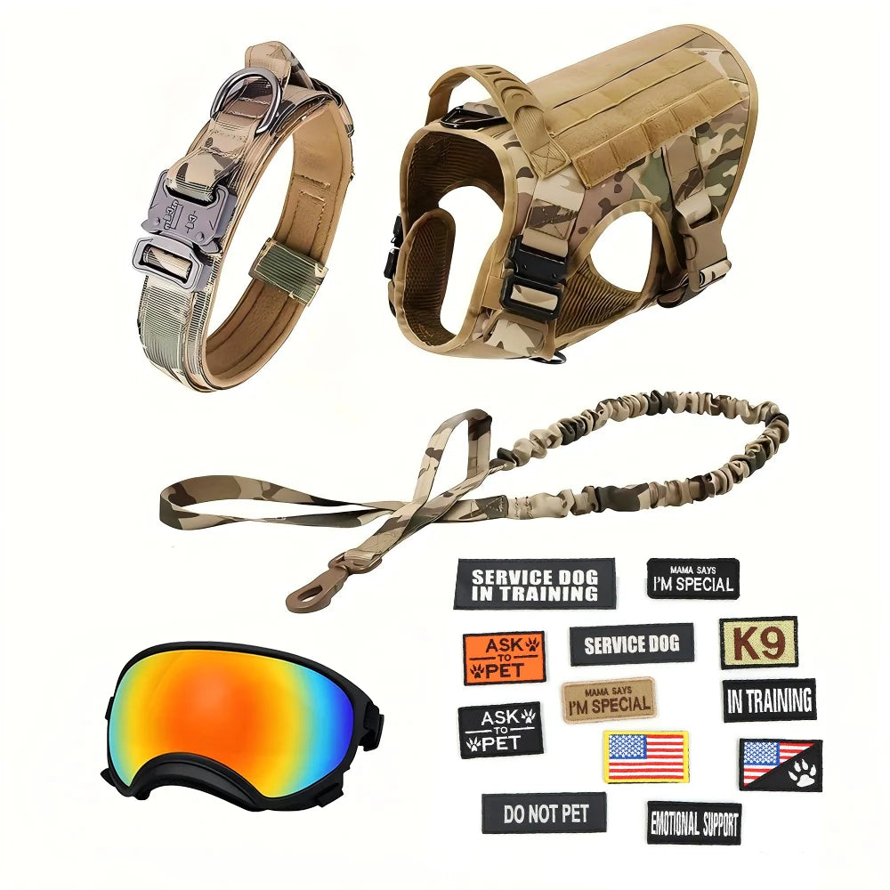 Tactical Dog Harness Vest With Leash Velcro Patches And Sunglasses