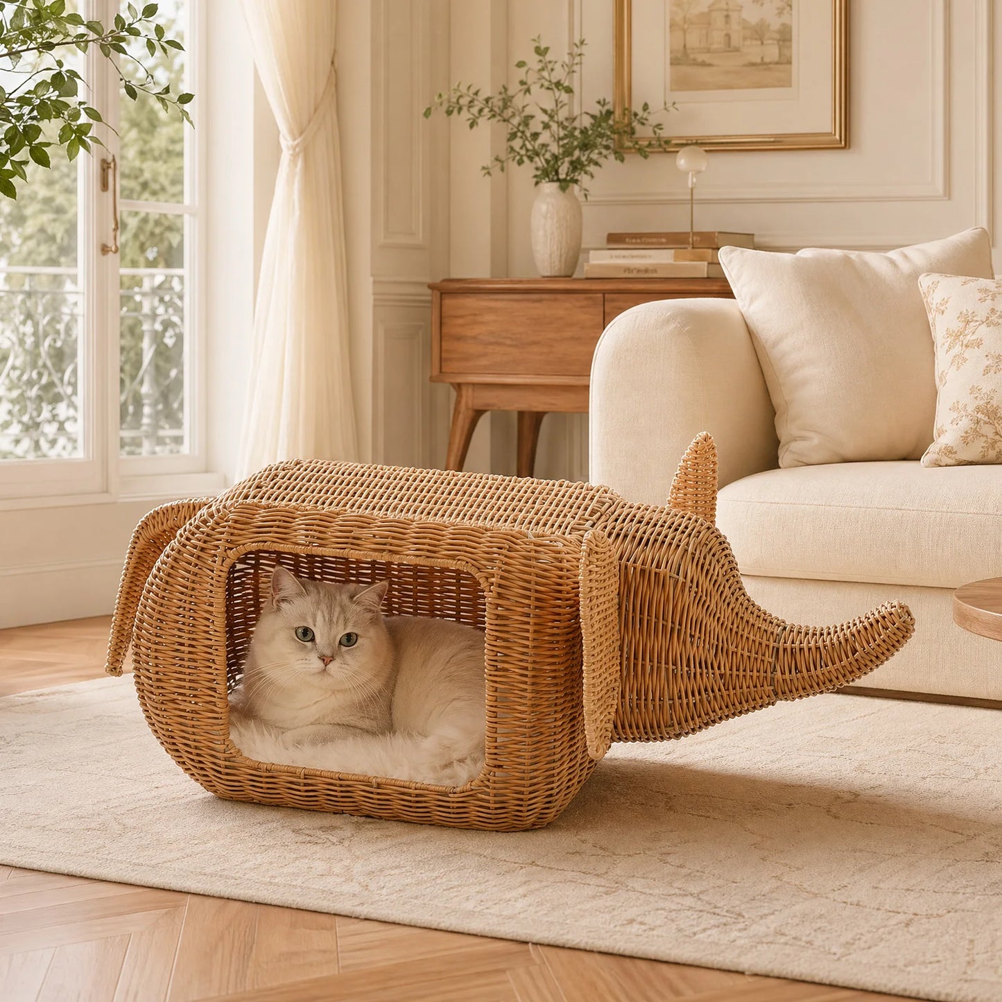 PEQULTI Elephant Rattan Cat Condo Bed Plush Cushioned Hideaway