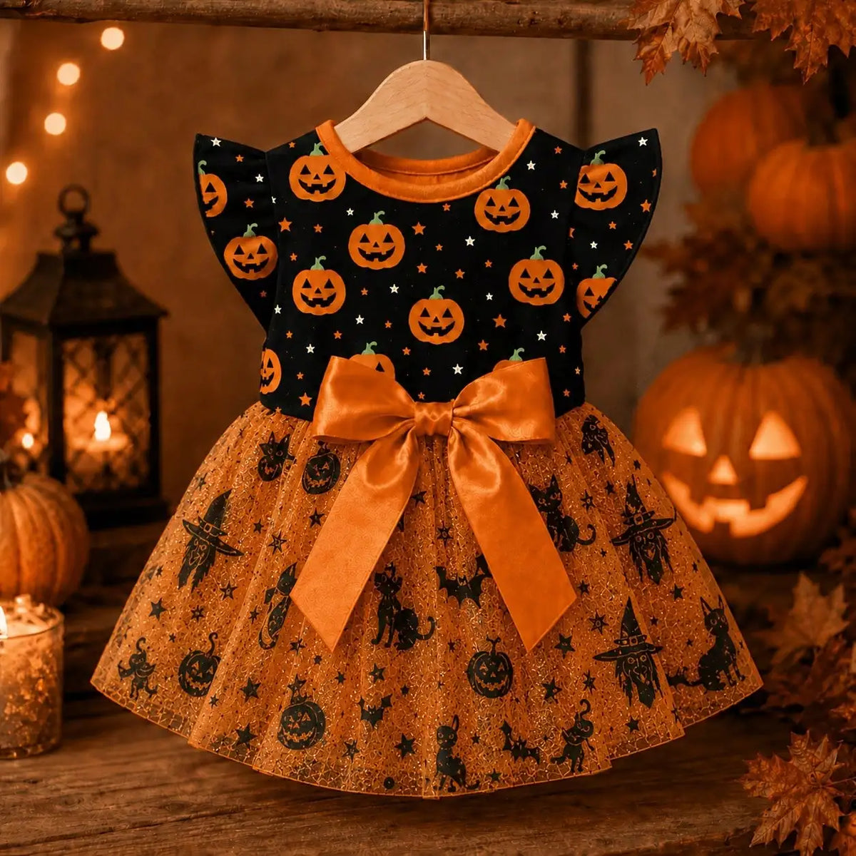 Breathable Halloween Pumpkin Print Dog Dress With Bow