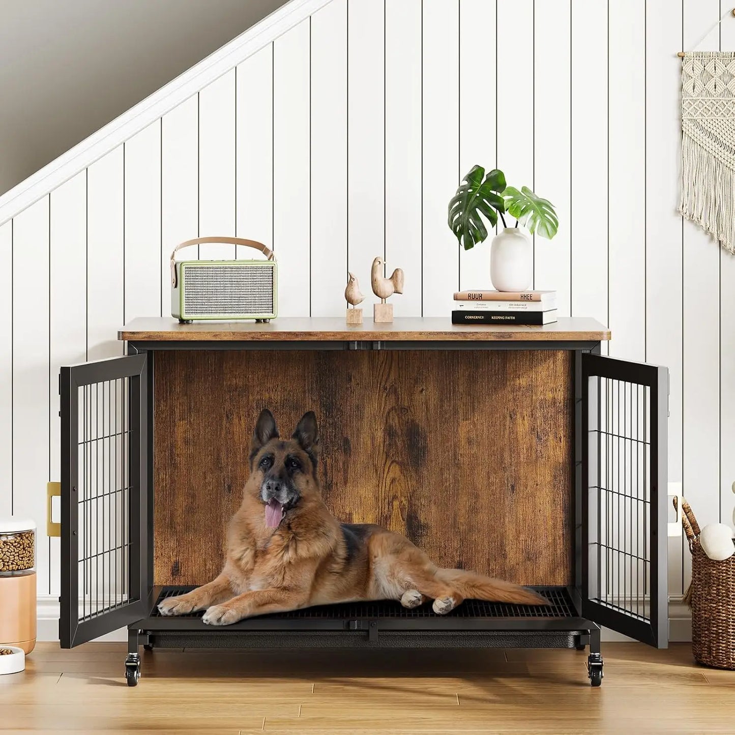 HiMISS Wooden Dog Crate With Heavy Duty Steel Frame Wheels