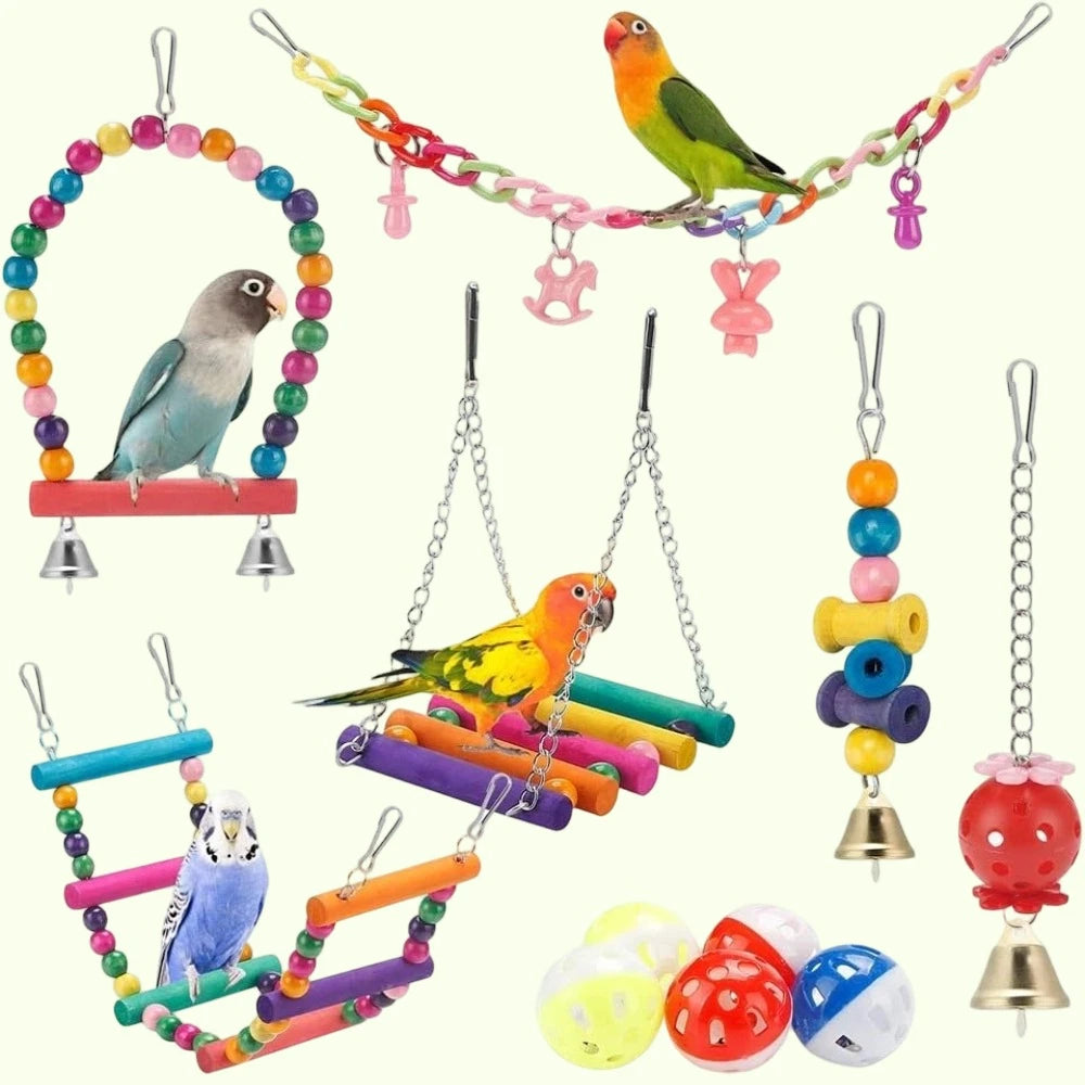 Parakeet Bird Toys 11 Pcs Wood Perch Swings For Birds