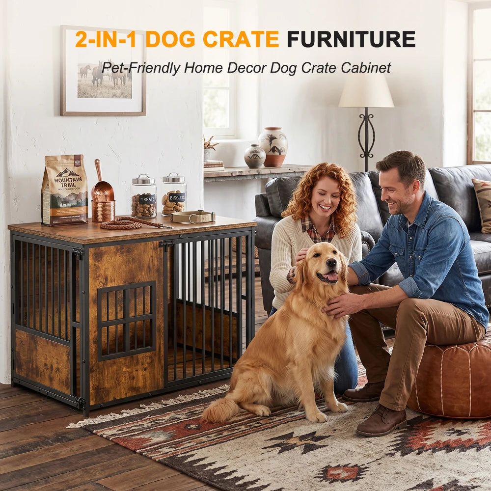 Indoor Wooden Metal Dog Crate Furniture With Storage Top