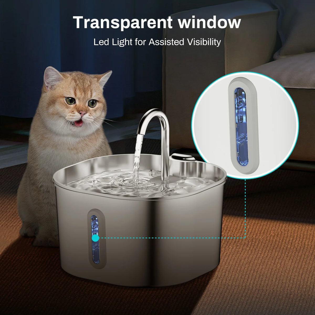 Stainless Steel Cat Water Fountain With LED Window