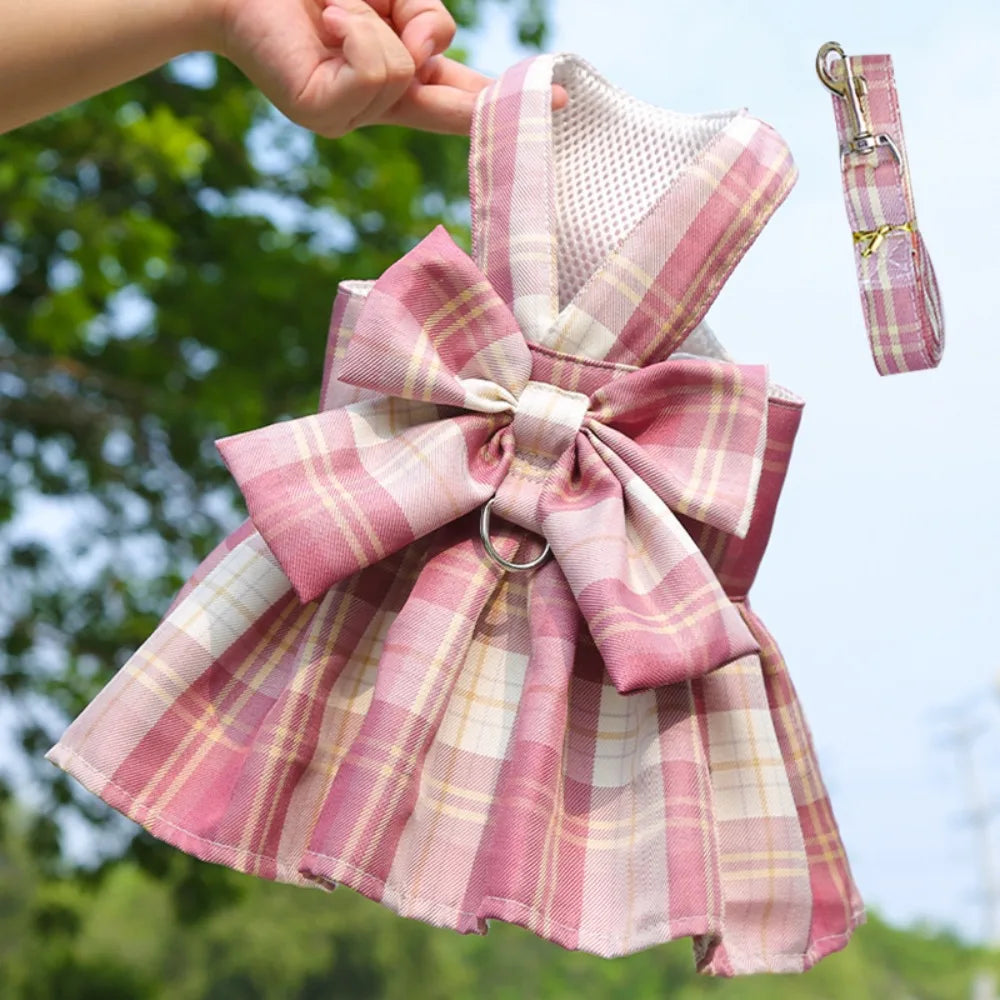 Dog Plaid JK Dress Harness Skirt With Leash Traction Washable