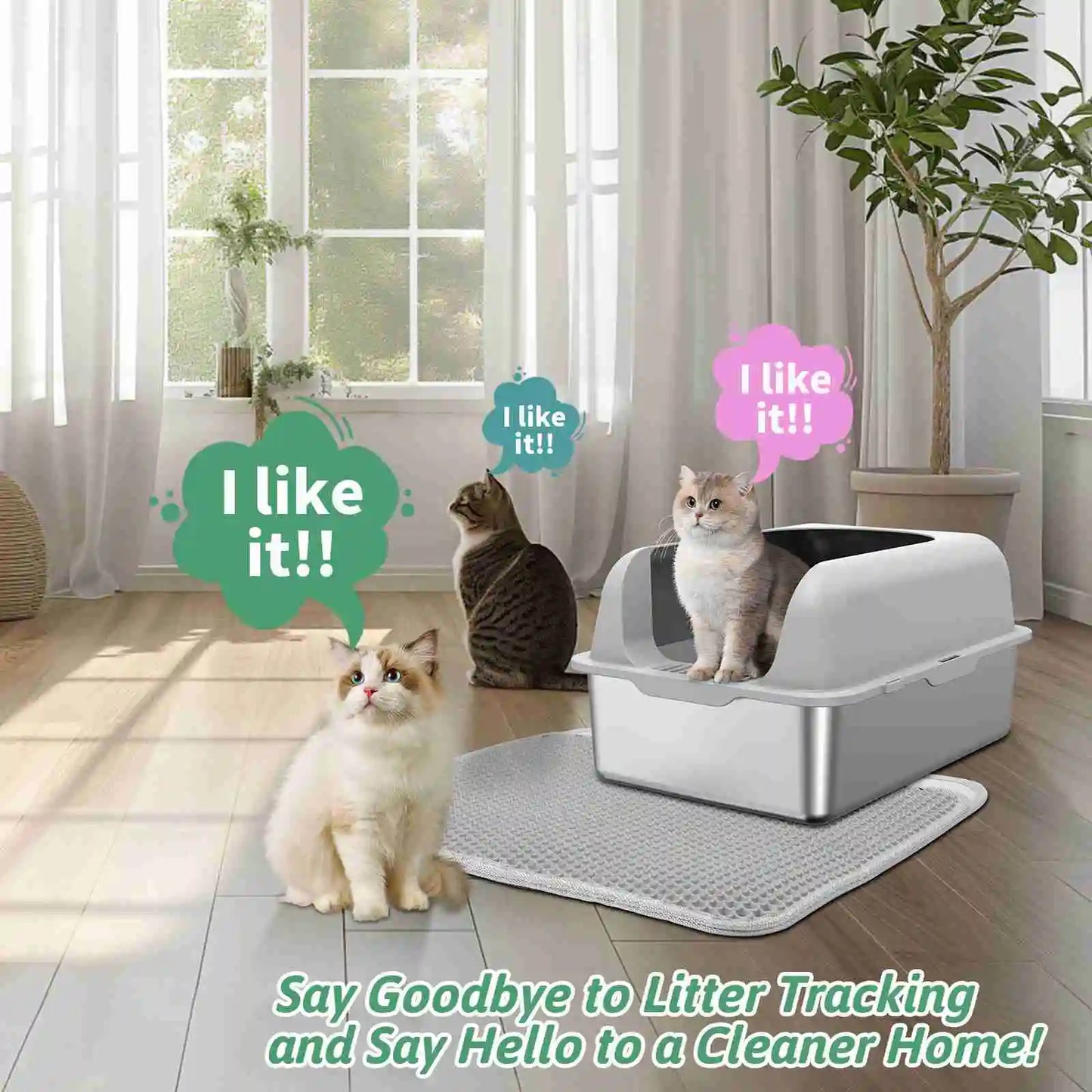 Qiilu Stainless Steel Cat Litter Box With Lid Scoop And Mat