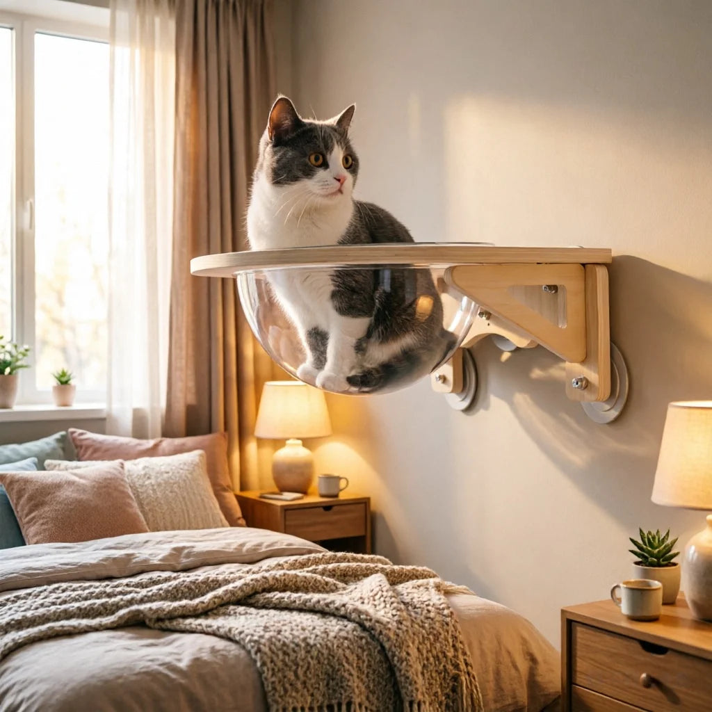 Clear Space Capsule Cat House Wall Mounted With Wooden Frame