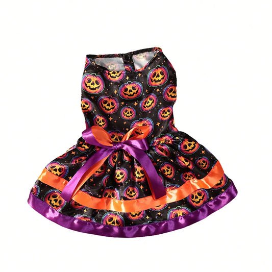 Pet Dog Halloween Costume Soft Pumpkin Skull Print Bowknot Dress