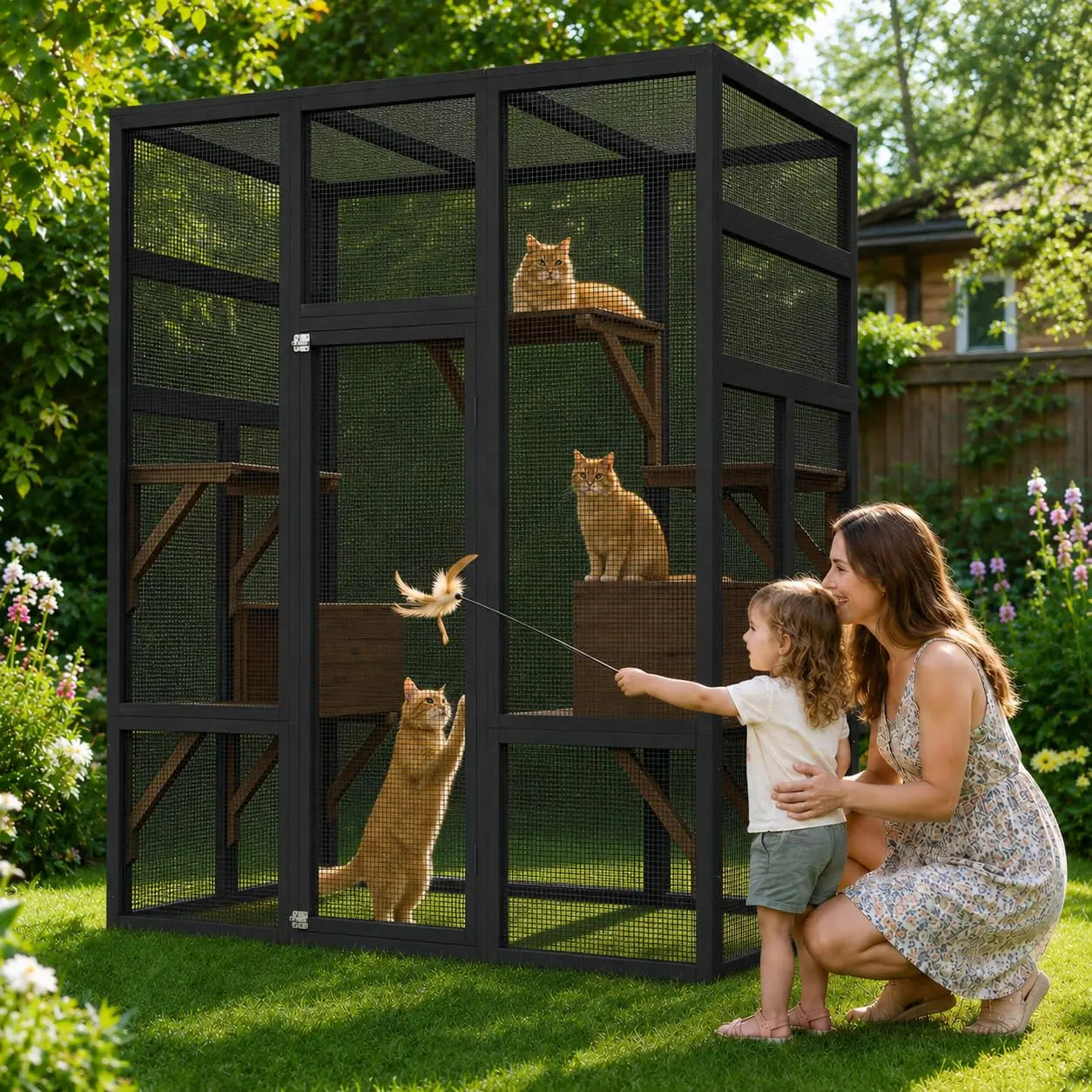 HiMISS Outdoor Wooden Catio Enclosure With Durable Roof And Rest Platforms