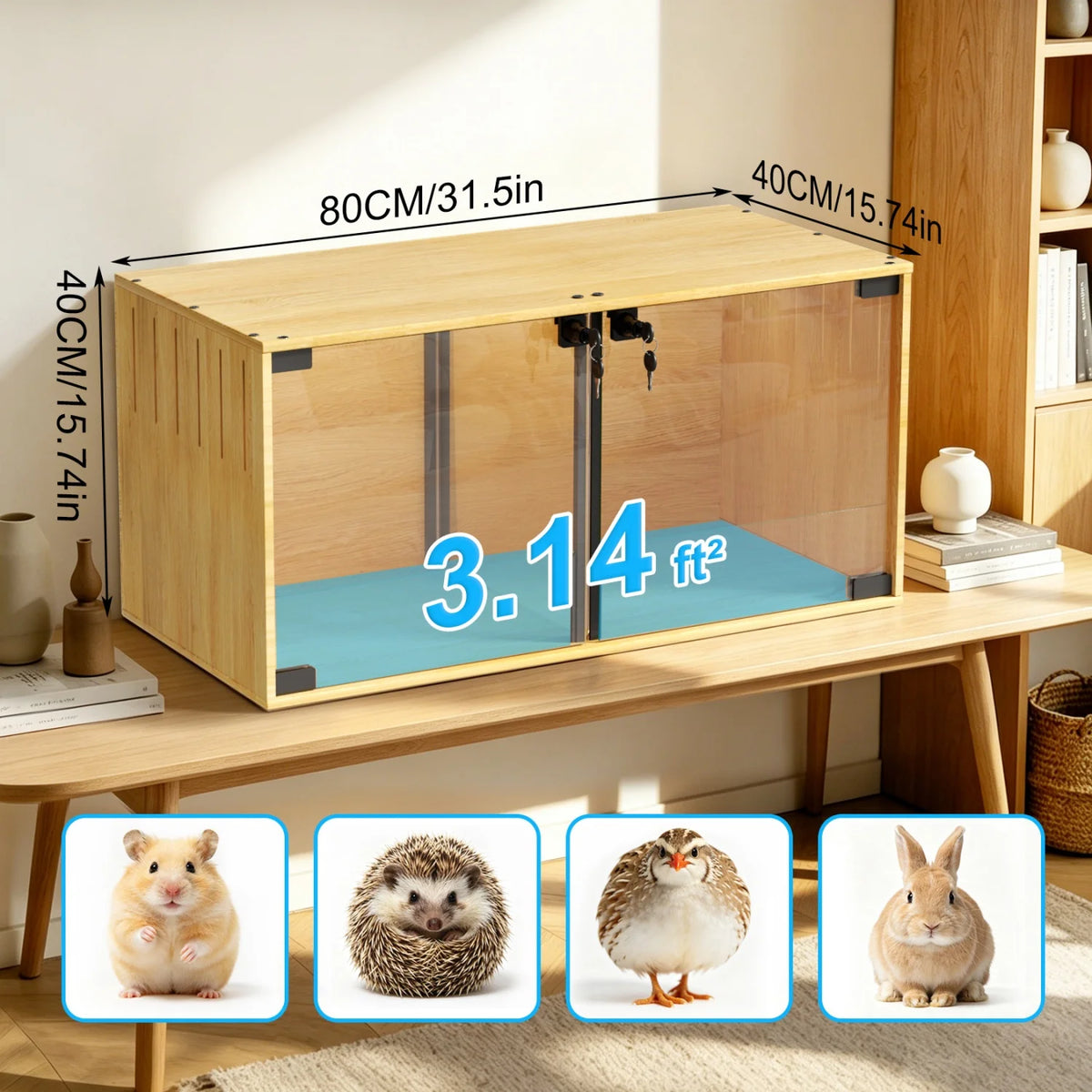 Wooden Hamster Cage Habitat With Removable Divider And Glass Panels