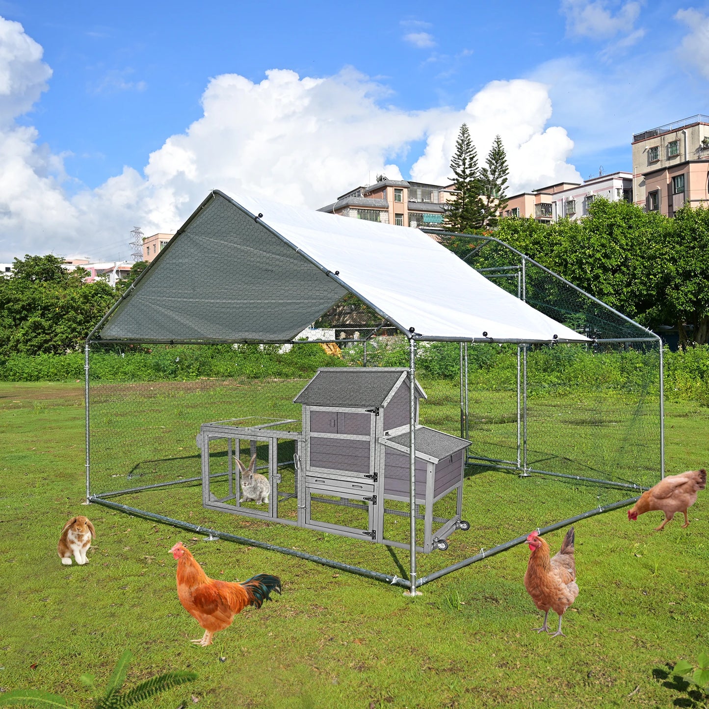 Teousev Walk In Metal Chicken Coop With Roof And Hex Mesh