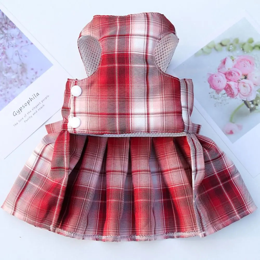 Dog Plaid JK Dress Harness Skirt With Leash Traction Washable