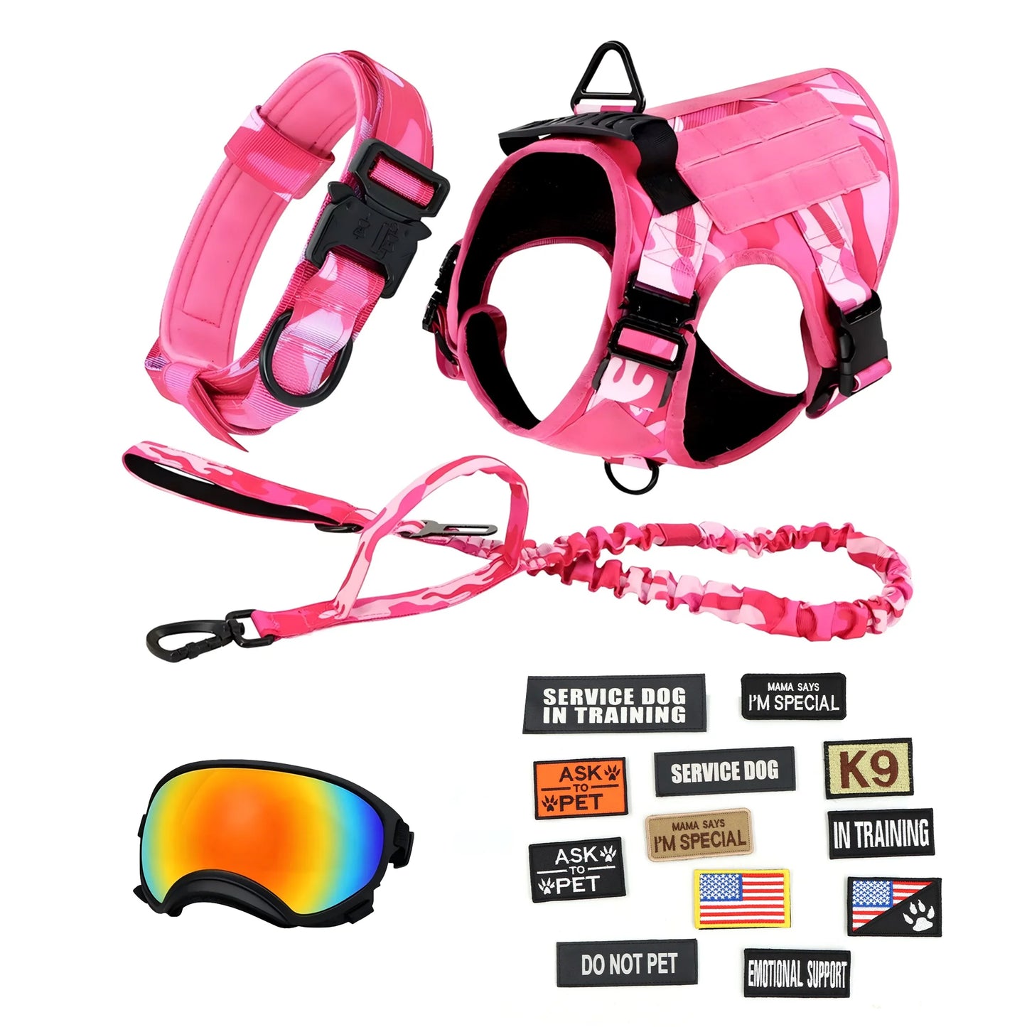 Tactical Dog Harness Vest With Leash Velcro Patches And Sunglasses