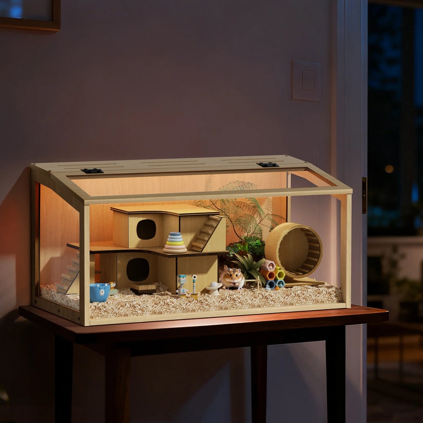 Wooden Hamster Cage With Built In LED Light Habitat